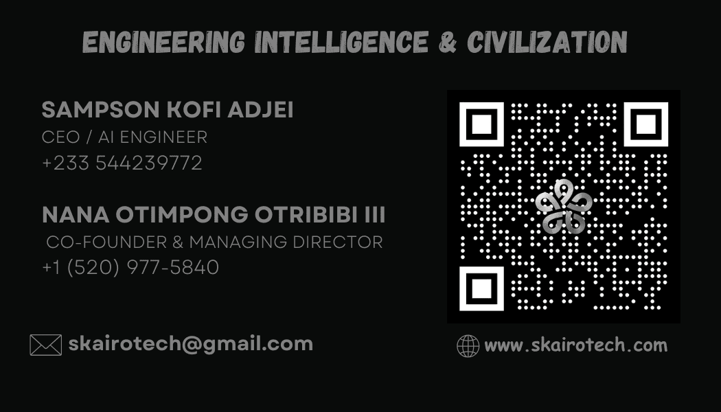 Skairo Advanced Technologies — card back, contact details and QR code